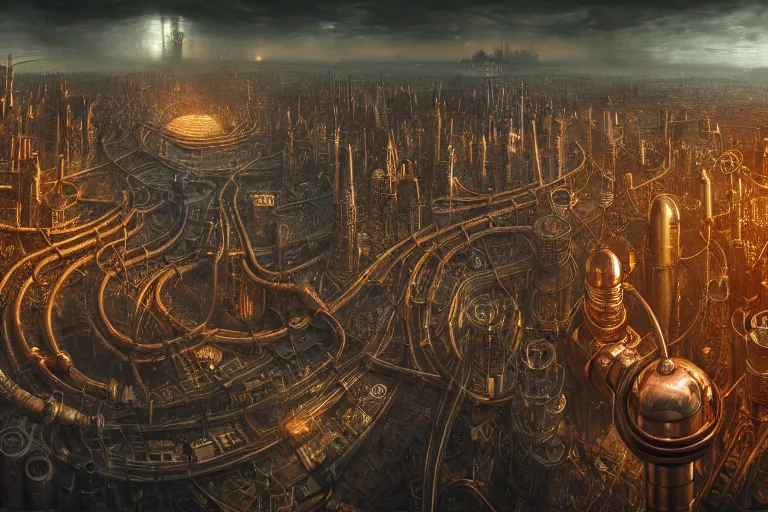 Image similar to an elaborate penned illustration of a apocalyptic intricate connected city of tubes and pipes, muted colors, copper pipers, by jan van haasteren and jheronimus bosch, unreal engine, physically based rendering, ariel view, tilt - shift, grim, moody, shiny, reflective, cinematic