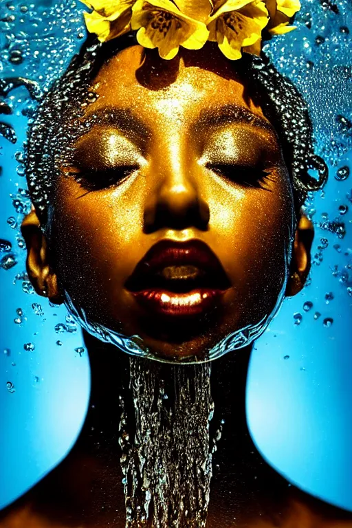 Image similar to hyperrealistic post - dada cinematic very expressive! profile black oshun goddess, in water!! up to shoulders, mirror dripping droplet!, gold flowers, highly detailed face, digital art masterpiece, smooth eric zener cam de leon, dynamic pearlescent turquoise light, low angle uhd 8 k, sharp focus