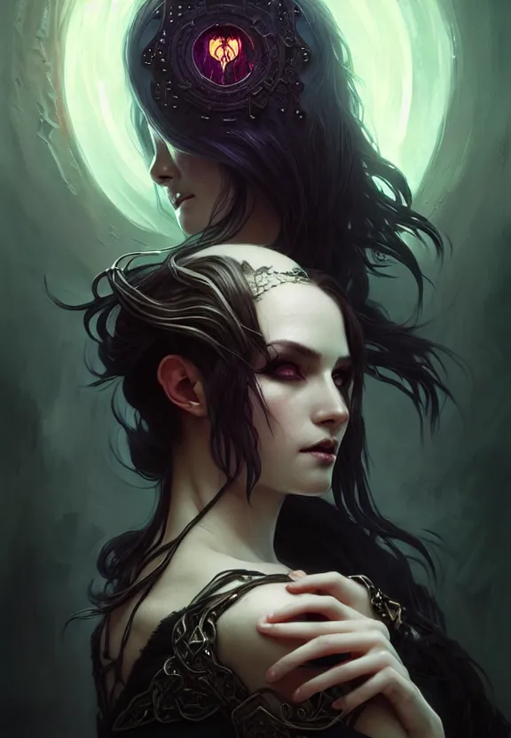 Image similar to Necromancer Sorceress, fantasy magic, undercut hairstyle, dark light night, intricate, elegant, sharp focus, illustration, highly detailed, digital painting, concept art, matte, art by WLOP and Artgerm and Greg Rutkowski and Alphonse Mucha, masterpiece