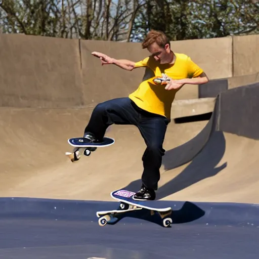 Prompt: photo of barney skateboarding