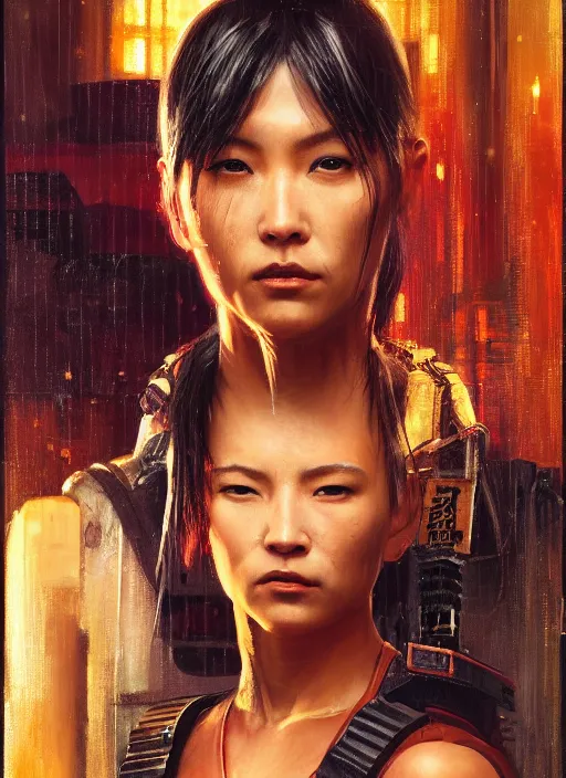 Image similar to Nikki Tanaka. female Cyberpunk samurai (blade runner 2049, cyberpunk 2077). Orientalist portrait by john william waterhouse and James Gurney and Theodore Ralli and Nasreddine Dinet, oil on canvas. Cinematic, hyper realism, realistic proportions, dramatic lighting, high detail 4k