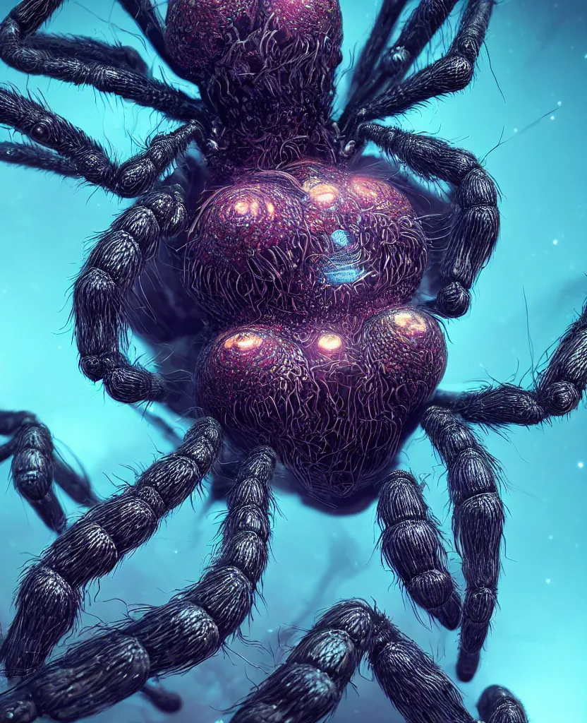 Image similar to goddess close-up portrait, giant spider queen, view from below looking up, spiders eyes view, bioluminiscent, intricate artwork by Tooth Wu and wlop and beeple. octane render, trending on artstation, greg rutkowski very coherent symmetrical artwork. cinematic, hyper realism, high detail, octane render, 8k