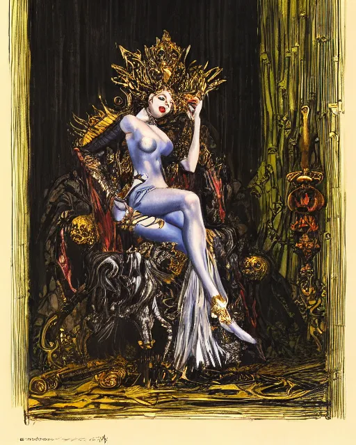 Image similar to an illustration of a dark queen on a throne at night by marc davis and by gustave moreau, realistic, gouache, painting