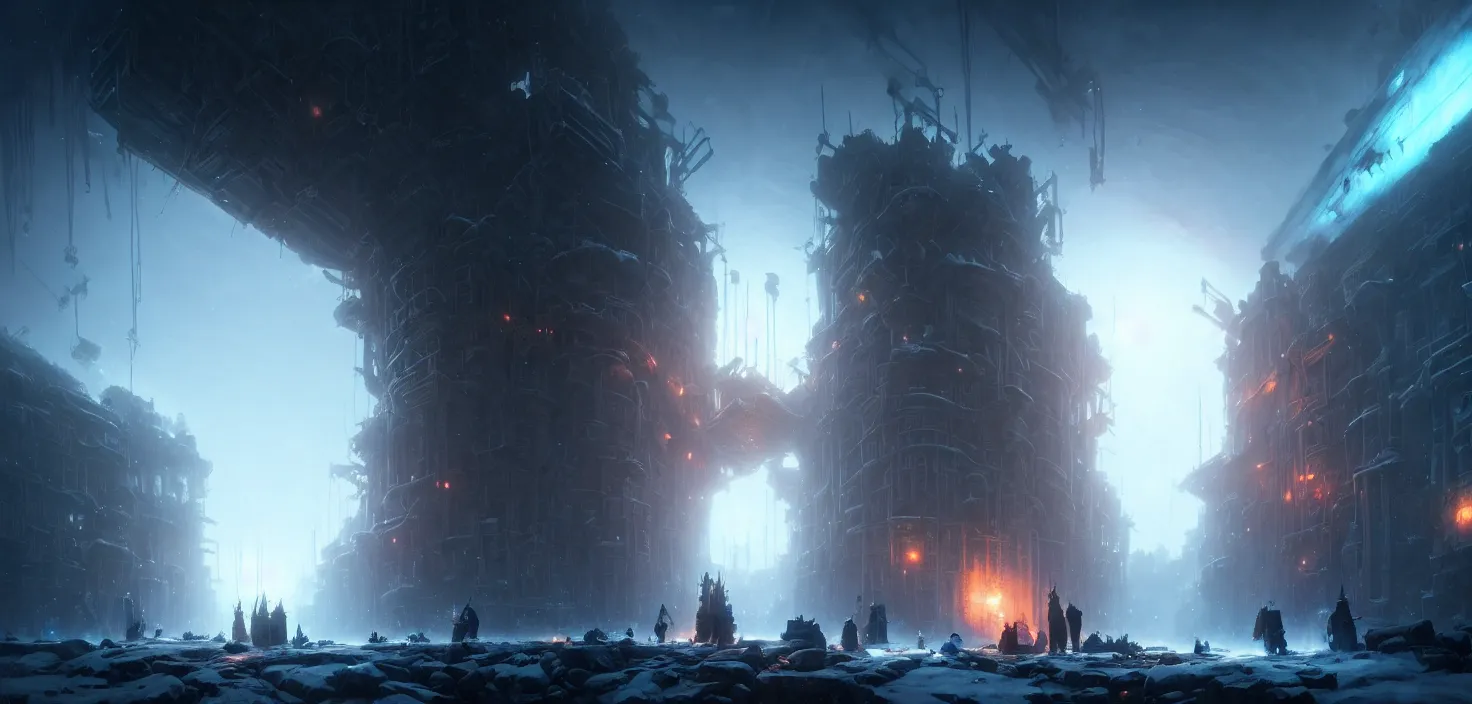 Image similar to frostpunk portal, cinematic view, epic sky, detailed, concept art, high detail, warm lighting, volumetric, godrays, vivid, beautiful, trending on artstation, by jordan grimmer, huge scene, art greg rutkowski