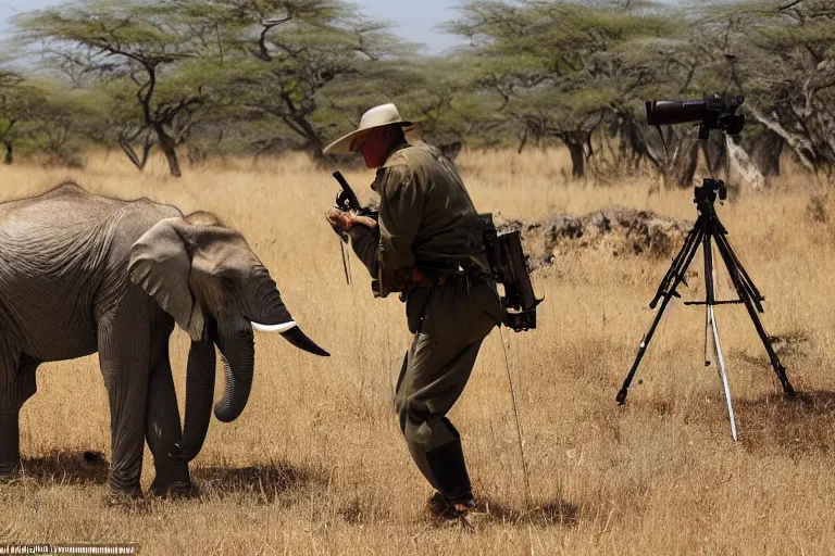 Image similar to Cinematography the king Juan Carlos I of Spain shooting an elephant with a rifle in an african safari by Emmanuek Lubensky