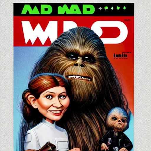 Prompt: mad magazine cover photo portrait caricature leia wookiee