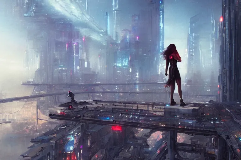 Prompt: a beautiful picture of a girl standing on top of a bridge over a city, cyberpunk art by greg rutkowski and thomas kinkade, trending on artstation