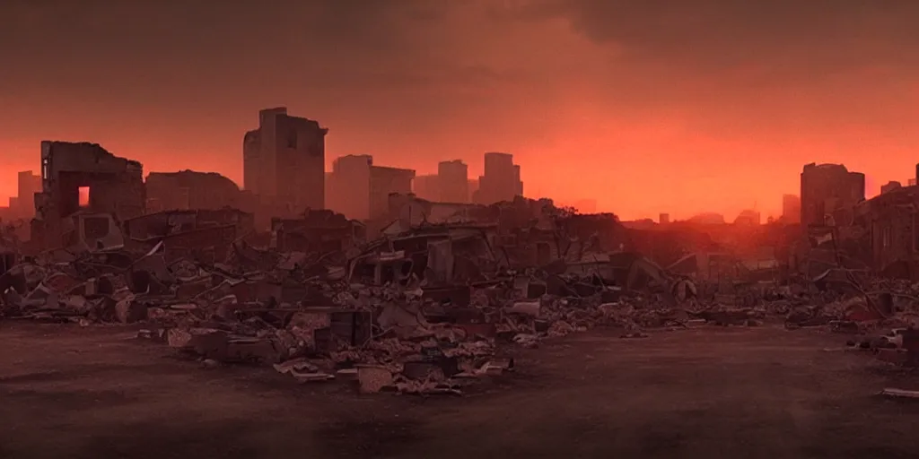 Image similar to a film still landscape by roger deakins - a destroyed city, 3 5 mm lens, early morning, dramatic lighting, cinematography, sunset red and orange, cinematic, global illumination, highly detailed, photorealistic