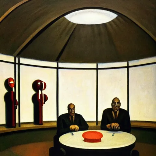 Image similar to portrait of an evil mastermind inside a dome - shaped control center, evil lair,'pj crook '!!,'grant wood '!!, edward hopper, oil on canvas