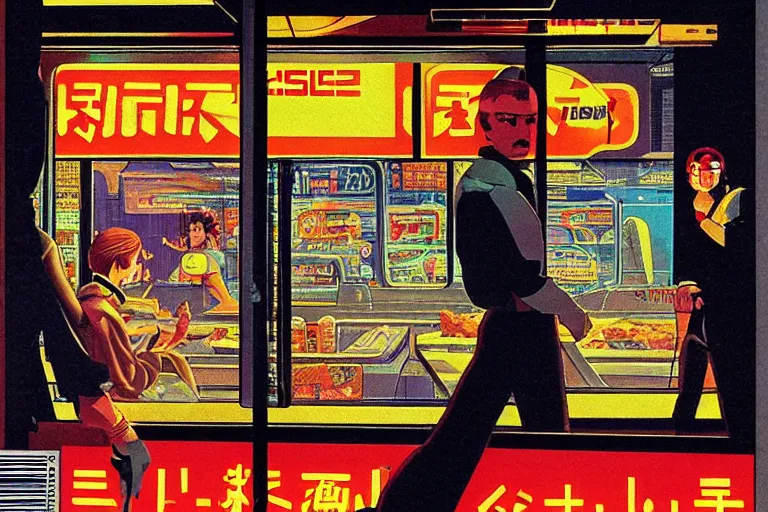 Prompt: 1 9 7 9 science fiction magazine cover depicting a fast food window downtown in neo - tokyo. in the style of bladerunner concept art by syd mead