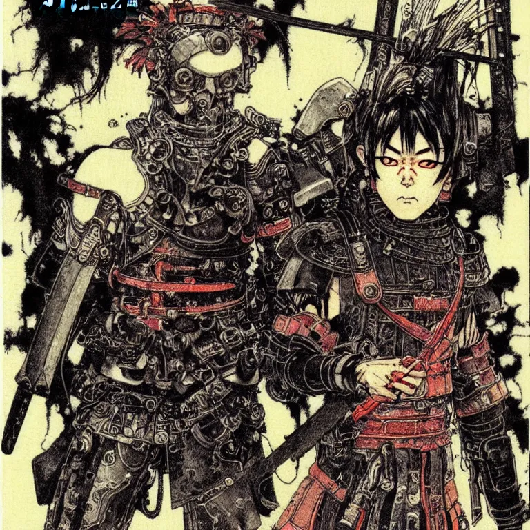 Image similar to cursed illustration of beautifully ominous cyberpunk warrior, manga style of kentaro mirua, by norman rockwell, weirdcore