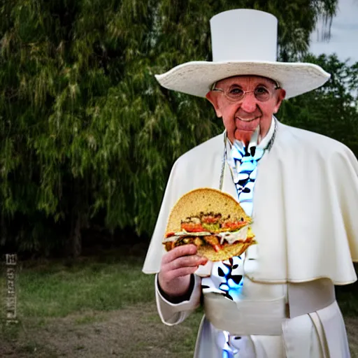 Image similar to pope john paul the 2 nd wearing a sombrero holding a taco, ( sony a 7 r iv, symmetric balance, polarizing filter, photolab, lightroom, 4 k, dolby vision, photography awardm, voque, perfect face )