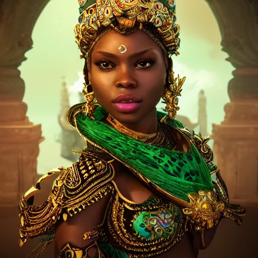 Image similar to photograph of wonderful princess with smooth dark skin, green jewelry, breathtaking, elegant, ornate, intricate, hyper detailed, accent lighting, dramatic light, 4 k octane render