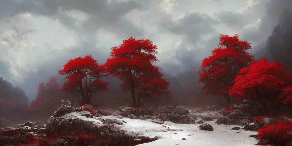 Image similar to A beautiful oil painting of a rocky valley covered in snow, trees with red leaves, thunderstorm in the sky, blue lighting, gloomy, atmospheric lighting, detailed, by greg rutkowski, trending on artstation