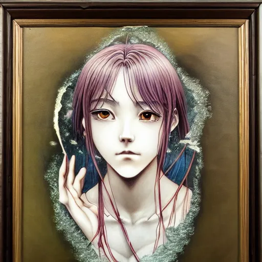 Image similar to prompt: Fragile looking vessel portrait face drawn by Katsuhiro Otomo, nymph in the water performing alchemy, intricate oil painting, soft dark light, intricate detail, intricate oil painting detail, sharp high detail, manga and anime 2000