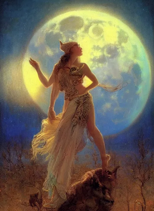 Image similar to surrealism, abstract, witch, portrait, close - up, make up, full big moon, painting by gaston bussiere and albuquerque, soft light