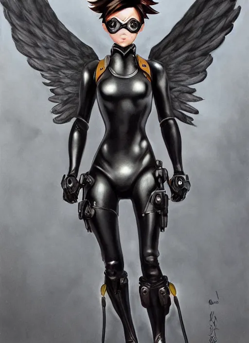 Image similar to full body artwork of tracer overwatch, wearing black latex outfit, in style of zdzisław beksinski, angel wings, dramatic painting, wearing detailed steel collar, black shiny armor, chains, black harness, detailed face and eyes,