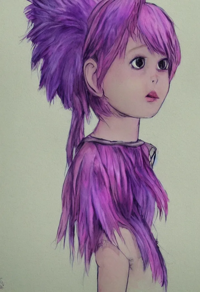 Image similar to little girl with eccentric pink hair wearing a dress made of purple feather, art by dcwj