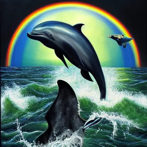 Image similar to a hyper realistic painting of the grim reaper on the back of a dolphin that is jumping over a rainbow, by james c christensen,