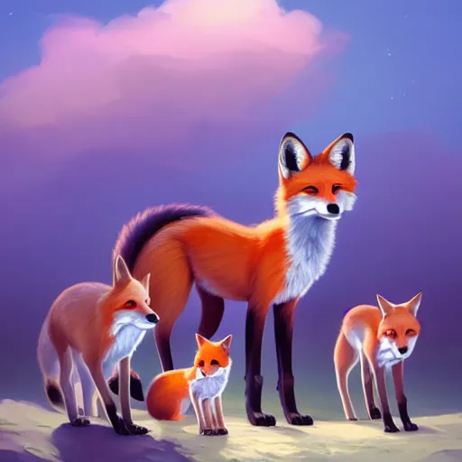 Image similar to painted portrait of a family of foxes, fantastically pastel colors, octane render, matte painting concept art, official fanart behance hd artstation by jesper elsing, by rhads and makoto shinkai and lois van baarle and ilya kuvshinov and rossdraws