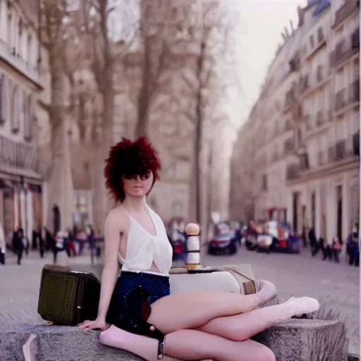 Prompt: realistic photoshoot of friendly unicorn lookbook in Paris, color film photography, portrait of a beautiful customers in style of Doisneau, 35mm, ektachrome