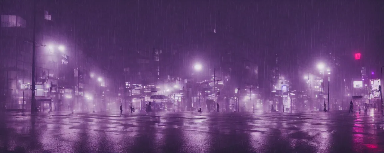 Prompt: a rainy Tokyo, fog surrounding the streets, midnight, neon lights, cinematic lighting, cineovision, purple clouds surrounding the dark sky