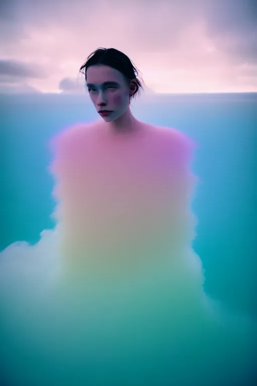 Image similar to high quality pastel coloured film close up wide angle photograph of a model wearing clothing swimming on cloud furniture in a icelandic black rock!! environment in a partially haze filled dreamstate world. three point light, rainbow. photographic production. art directed. pastel colours. volumetric clouds. pastel gradient overlay. waves glitch artefacts. extreme facial clarity. 8 k. filmic.