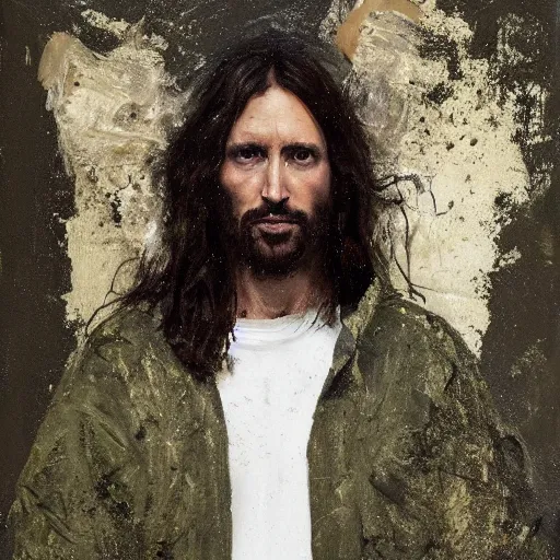 Image similar to a full body portrait of modern day jesus wearing olive green yeezy menswear collection by nicola samori, detailed, oil painting, smudges, hyper realistic, 8 k, yeezy collection