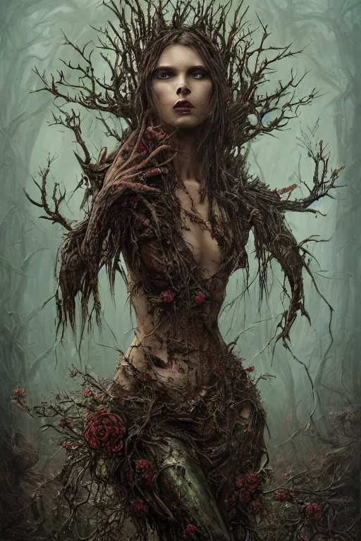 Image similar to wide perspective, very complex hyper-maximalist overdetailed cinematic darkfantasy portrait of a beautiful woman bound by thorns in a rotting bog by andrei riabovitchev, tomasz alen kopera, oleksandra shchaslyva. Omnious intricate, octane, Deviantart, hyper detailed illustration, 8k