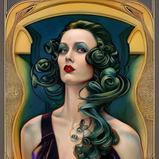 Image similar to an art nouveau streamline moderne portrait in the style of donato giancola and anna dittmann and charles dulac.