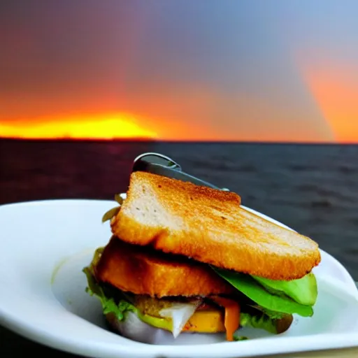 Image similar to sandwich with fried tofu, one tomato slice, one onion ring, avocado, melted cheddar, over a dish that is over a table, with a sunset and rainbow in the background with saturn and stars in the sky