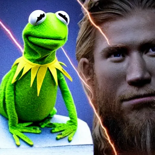 Image similar to photo of Kermit the frog as thor god of thunder in averngers movie