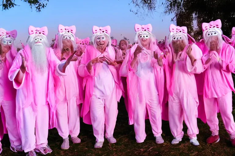 Image similar to group shot of many Gandalfs wearing pink Hello kitty costumes, laughing maniacally, sunrise, movie still from Lord of the Rings, cinematic