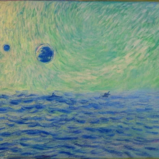 Image similar to a starship in orbit of a large blue planet in the style of monet.