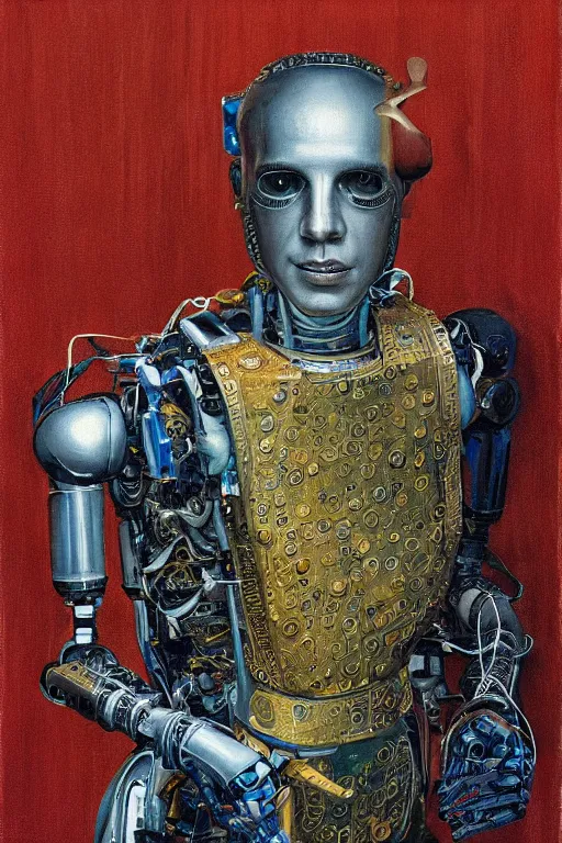 Prompt: robot monk painting a self - portrait on a canvas. intricate, highly detailed, photorealistic, film still, by christopher doyle.