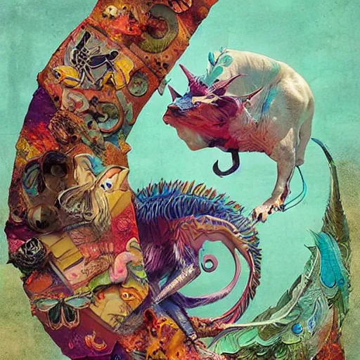 Prompt: strange mythical beasts of whimsy, surreal mixed media colllage by Ronny Khalil