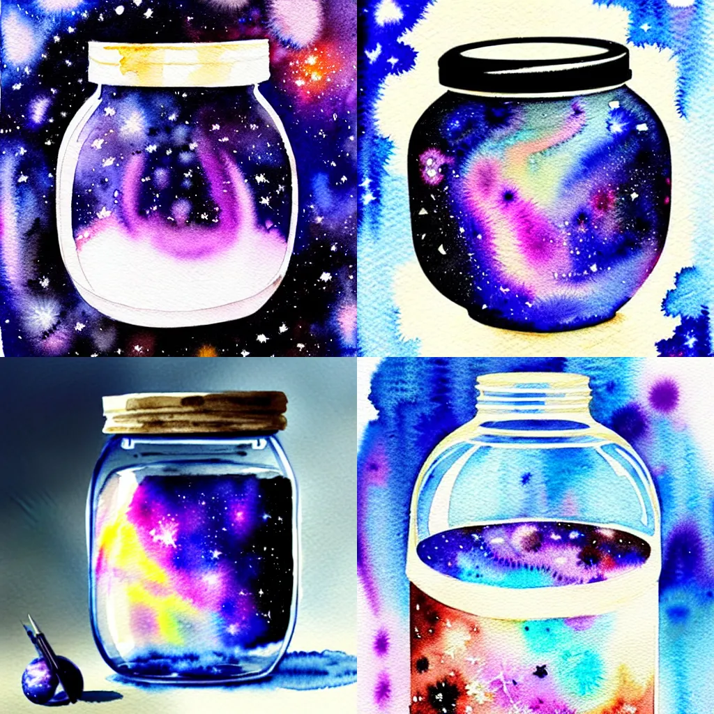 Prompt: a watercolor painting of a galaxy inside a jar, artstation