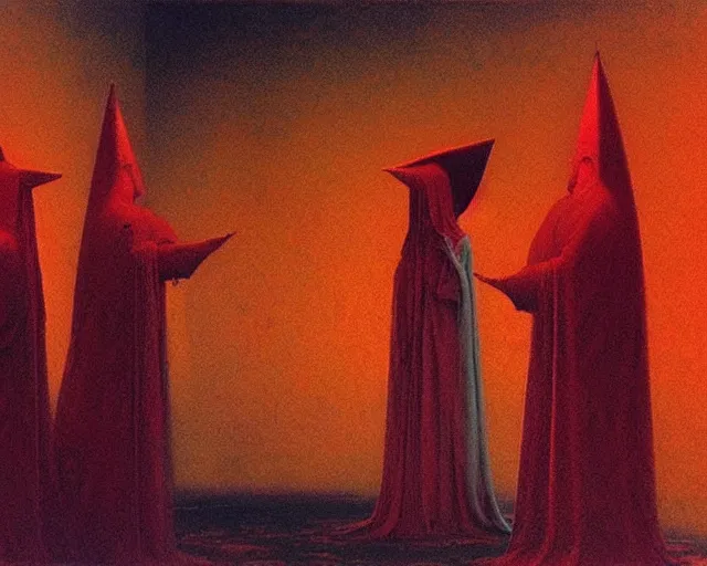 Image similar to devotion to the scarlet woman, priestess in a conical hat, coronation, ritual, sacrament, by francis bacon, beksinski, mystical redscale photography evocative.