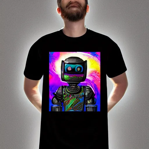 Prompt: photoshop mockup of a black tshirt with a hyperdetailed portrait of a spaced out diesel punk robot, 8 k, symetrical, flourescent colors, multicolored,