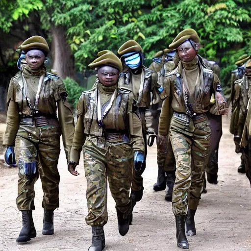 Prompt: a squad of futuristic soldiers led by a female soldier with brown skin and short hair