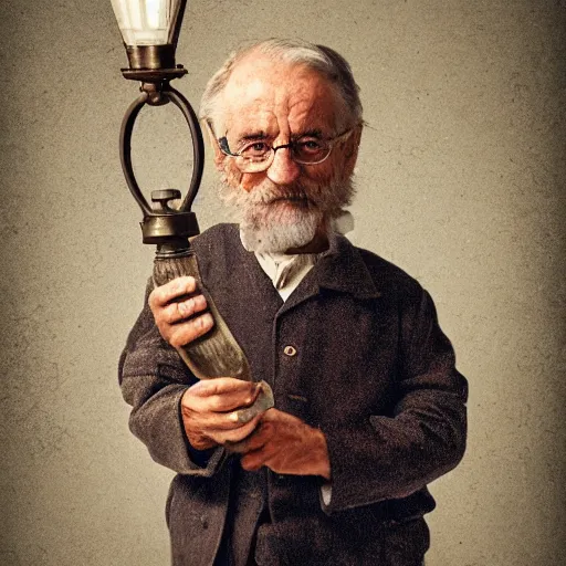 Prompt: a portrait of an old man holding a gas lamp, realistic, 4k