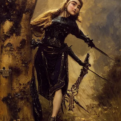 Image similar to young florence pugh, wearing dark black ornamented medieval armour, detailed, by gaston bussiere, bayard wu, greg rutkowski, giger, maxim verehin, greg rutkowski, masterpiece, sharp focus,