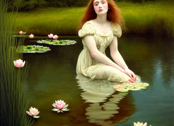 Image similar to Kodak Portra 400, 8K, soft light, volumetric lighting, highly detailed, britt marling style 3/4 ,portrait photo of a beautiful woman how pre-Raphaelites painter, the face emerges from the water of a pond with water lilies, in the pose of Ophelia Millais, a beautiful lace dress and hair are intricate with highly detailed realistic beautiful flowers , Realistic, Refined, Highly Detailed, natural outdoor soft pastel lighting colors scheme, outdoor fine art photography, Hyper realistic, photo realistic