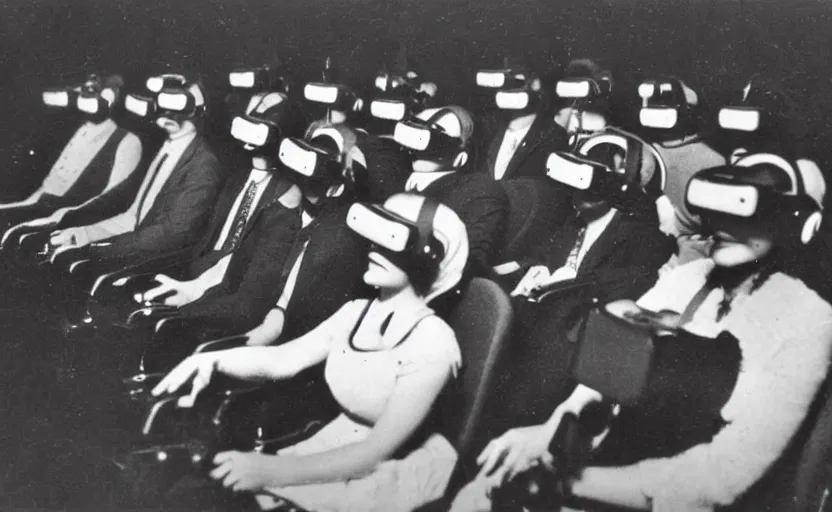 Image similar to 1 9 0 0 s photo of people wearing virtual reality headsets vr in a movie theater masterpiece old photograph