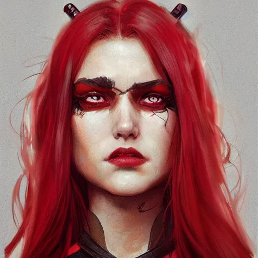 Image similar to portrait of a girl wearing deadpool costumes, upper body, red hair, long hair, d & d, fantasy, fierce, sharp features, intricate, elegant, highly detailed, digital painting, artstation, concept art, matte, sharp focus, illustration, art by artgerm and greg rutkowski and alphonse mucha