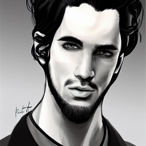 Image similar to A handsome man with a long white black Hair!!, portrait, digital art, trending on artstation, behance