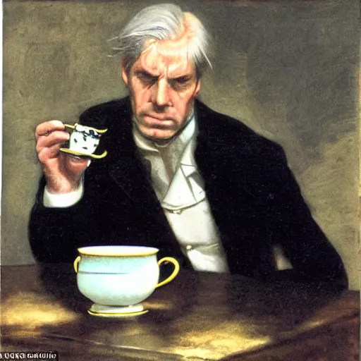 Prompt: boss senator stephen armstrong from the game metal gear solid holds a small porcelain cup with tea from which steam comes out, romanticism style, detailed facial proportions