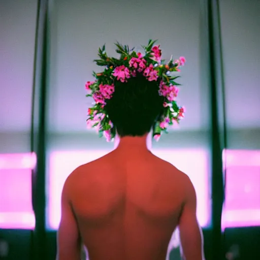 Image similar to close up kodak portra 4 0 0 photograph of a skinny guy standing in a vip club bathroom, back view, flower crown, moody lighting, telephoto, 9 0 s vibe, blurry background, vaporwave colors, faded!,