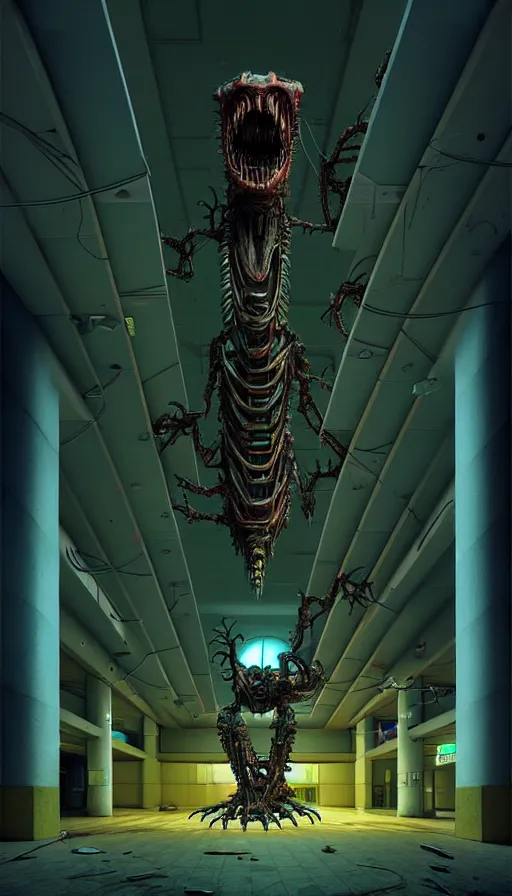 Image similar to biomechanical cybernetic monster creature in the dark abandoned mall, 3 d artwork by simon stalenhag tooth wu ande beeple