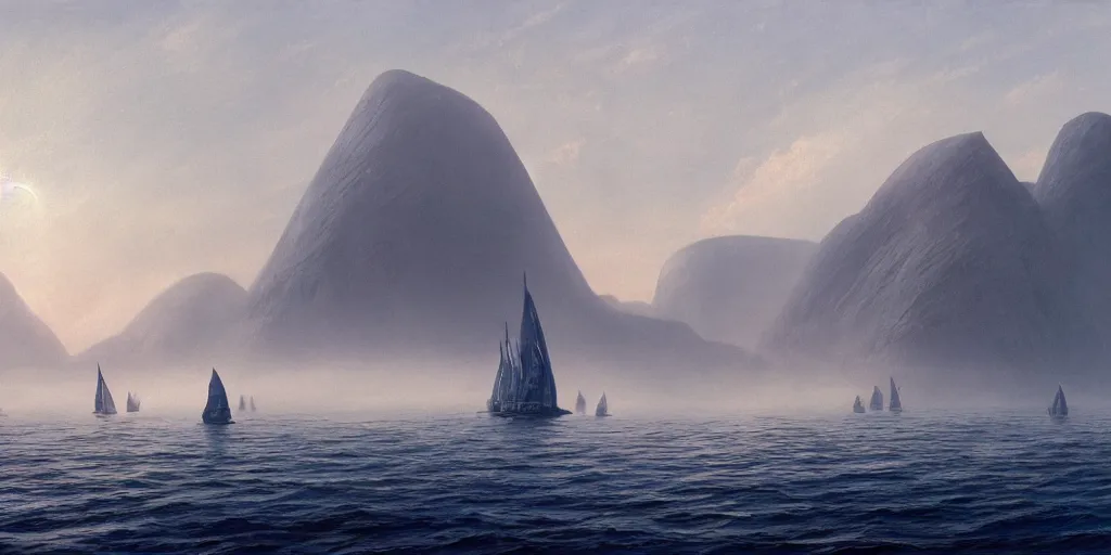 Prompt: close up of a huge ferry sailing in the sea with a vertical island in the far back, misty morning, ralph maquarrie and syd mead cinematic matte painting, 4 k